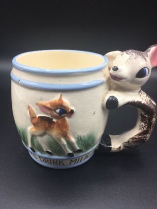 Vintage Anthropomorphic Deer Ceramic Child’s Mug Cup Always Drink Milk 1950 