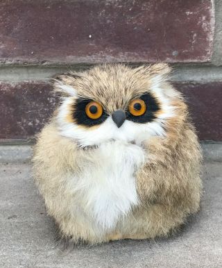 Vintage German Steif Owl Eule Figurine Statue Decoration Brown Fur Yellow Eyes