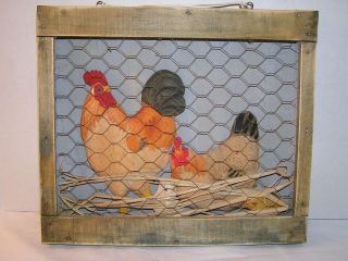 Chicken Wire Wall Art Rustic Frame Hen Coop 3 - D Shadowbox Picture Country Decor