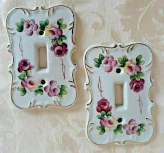 Vintage Shabby Chic Porcelain Light Switch Plate Covers Pink Roses & Gold Trim