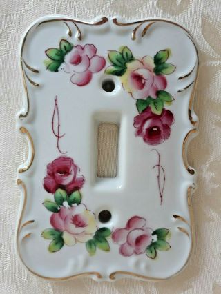 Vintage Shabby Chic Porcelain LIght Switch Plate Covers Pink Roses & Gold Trim 3