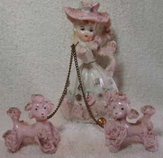 Arnart Pink Poodle With Two Puppy Dogs Spaghetti Porcelain Figurine