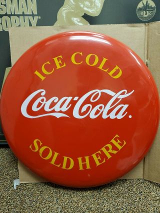 Vintage Coca Cola Ice Cold Here Round Button Sign 18 Inches Metal