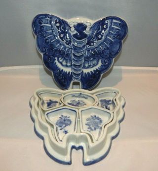 Vtg Chinese Blue & White Porcelain Sweet Meats Dish Set Tray Butterfly Shape