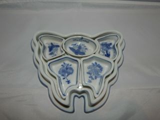 VTG Chinese Blue & White Porcelain Sweet Meats Dish Set Tray Butterfly Shape 3