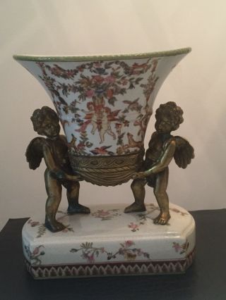Large Vintage Chinese Crackle Glaze Vase With Cherub Handles