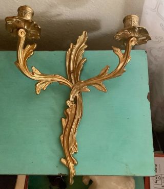 French Vtg Rococo Louis Xv Style Bronze Brass Double Wall Sconce Candle Holder