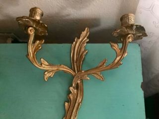 French Vtg Rococo Louis XV style Bronze Brass double wall sconce candle holder 2