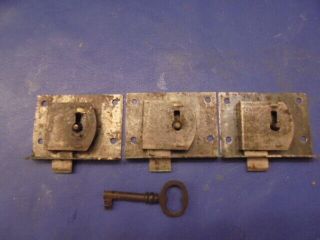 Antique Furniture Metal Drawer Locks W/ Key - Set Of 3,  &12 Orig.  Screws