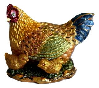 Hen With Chicks Jeweled Trinket Box Swarovski Crystal Accents Enameled Pewter