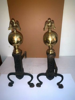 Antique Andirons Brass Ball American Eagle & Black Cast Iron Set For Fireplace