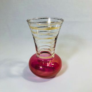 Small Vintage 4 " Glass Bud Vase With Pink Base And Gold Stripes Mcm