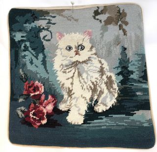 Cat With Flowers Needlepoint Pillow 14” Square Velveteen Back W/ Zipper Cute