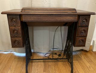 Vintage Antique Singer Treadle Sewing Machine Table With Montgomery Ward Machine