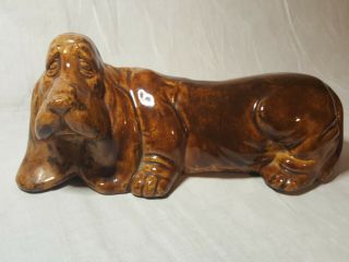 Vintage 70s Large Basset Hound Dog Glossy Brown Ceramic Figurine Signed Duncan
