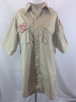 Mens Boy Scouts Bsa Beige Uniform Shirt Short Sleeve Patches M Medium