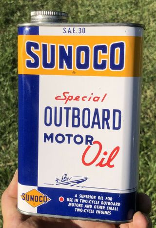 Vtg 1953 Sunoco Outboard Motor Oil 1 Quart Oil Can Tin Full Nos Sun Oil Co.