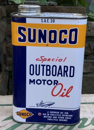Vtg 1953 Sunoco Outboard Motor Oil 1 Quart Oil Can Tin Full NOS Sun Oil Co. 2
