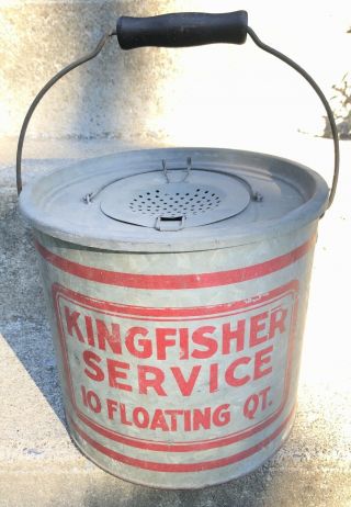 Vintage Kingfisher Fishing Bait Minnow Bucket Galvanized Metal