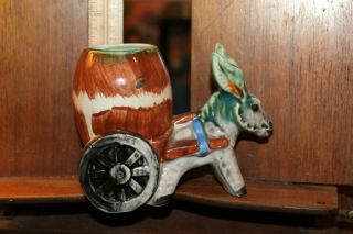 Vintage Made In Occupied Japan Planter Burro Donkey Pulling Barrel Cart