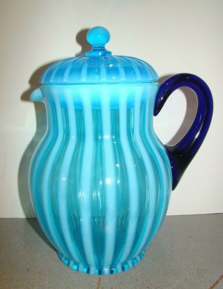 Vintage Fenton Rib Optic Blue Opalescent Covered Pitcher W/ Lid