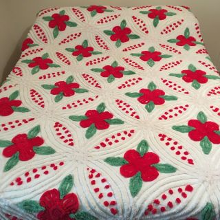 Vintage Red And White Queen Size Chenille Bedspread Flowers 90” X 103 "