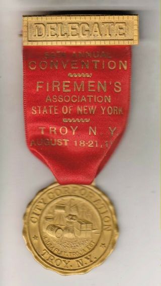 1931 Fireman Ribbon/badge - Troy York - Nys Firemen 
