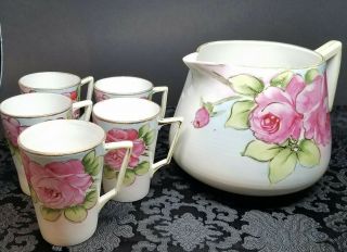Vintage Hand Painted Floral Art Deco Nippon - Cider Pitcher & 5 Cups Mugs Set