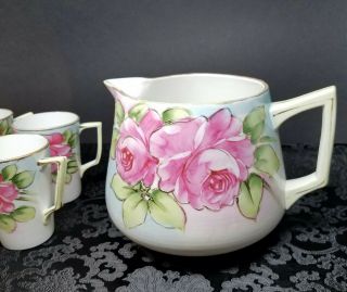 Vintage Hand Painted Floral Art Deco Nippon - Cider Pitcher & 5 Cups Mugs Set 3