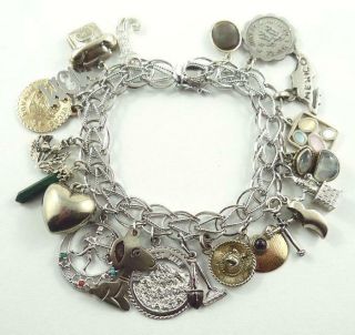 Vintage Sterling Silver Charm Bracelet With Safety Clasp & 21 Charms