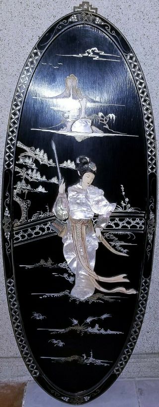 100 Auth Vintage Geisha Chinese Mother Of Pearl 2 Black Lacquer Wall Decor Panel
