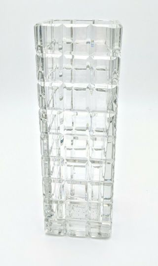 Vintage Large Square Cut Clear Crystal Glass Vase 11 " Tall Heavy Mcm Mid Century