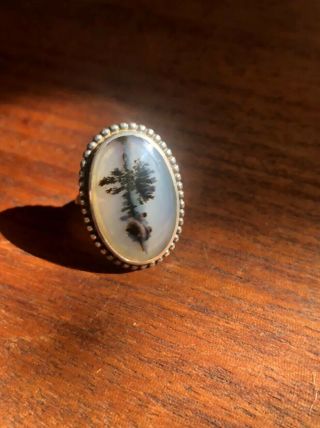 Arts & Crafts Style Art Nouveau Sterling Huge Moss Dendritic Agate Ring Size 5.  5