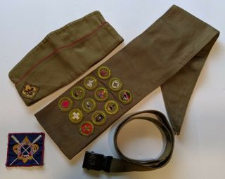 Vintage Bsa Boy Scouts Of America Olive Hat,  Sash With 12 Badges,  Belt Combo