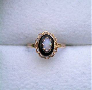 Vintage Solid 14K Yellow Gold Opal Black Onyx Flower Child Child ' s Ring 2
