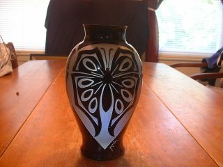 Vtg Art Deco Etched (acid Cut) & Gilt Butterfly Art Glass Vase Marked Artver