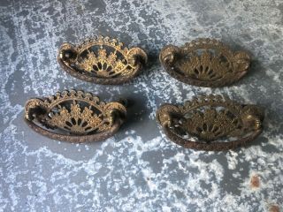 Vintage Set Of 4 Ornate Victorian Cast Brass/steel Drawer Pulls