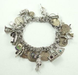 Vintage Sterling Silver Charm Bracelet With Safety Clasp & 26 Charms