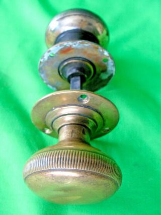 Old Antique Vintage Reclaim Brass Ribbed Door Knobs With Backplates