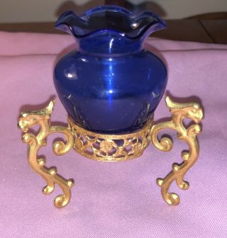 Cobalt Blue Small Floral Bud Vase On Gold Tone Asian Dragon Theme Stand 3” High