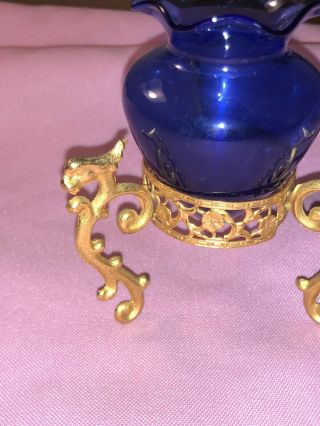 Cobalt Blue Small Floral Bud VASE On Gold Tone Asian Dragon Theme Stand 3” High 2