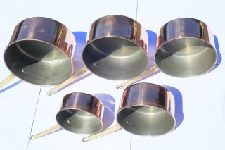 Vintage French Copper Saucepan Set 5 Tin Lined Folded Rim Bronze Handles 4.  6lbs