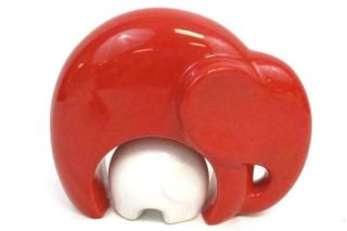 Set Of 2 Ceramic Elephant Figurines Red White Abstract Mother And Baby