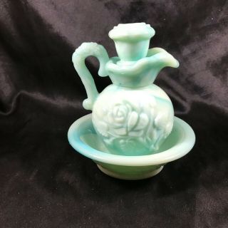 Vintage Avon Blue Green Slag Glass Pitcher And Bowl