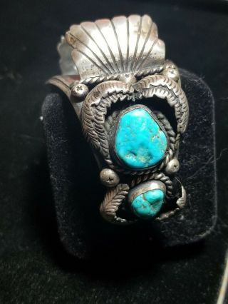Vintage Navajo Sterling Silver & Turquoise Old Pawn Watch Cuff Bracelet