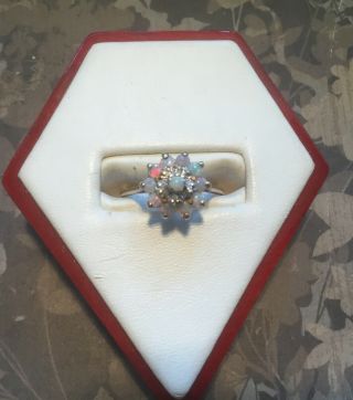 Vintage Ladies 10k Rose Gold Opal And Diamond Cluster Ring Not Scrap