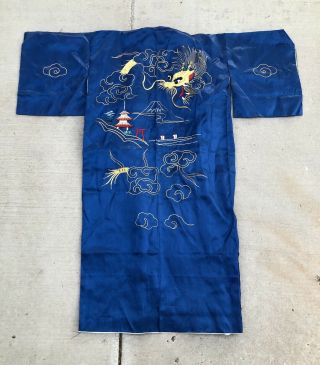 Vintage Chinese Embroidered Dragon Blue Silk Kimono Robe Clouds