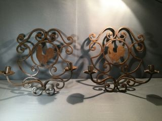 Pair Antique French Country Rooster Chicken Wrought Iron Wall Candle Sconces