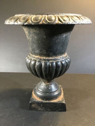 Small Vintage Cast Iron Garden Urn Planter 9” Tall Black