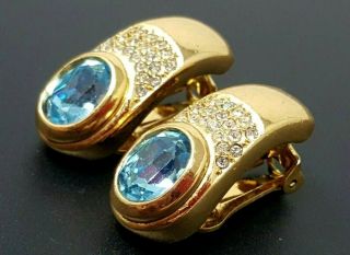 Vintage Christian Dior Turquoise Glass Rhinestone Gold Tone Clip Earrings